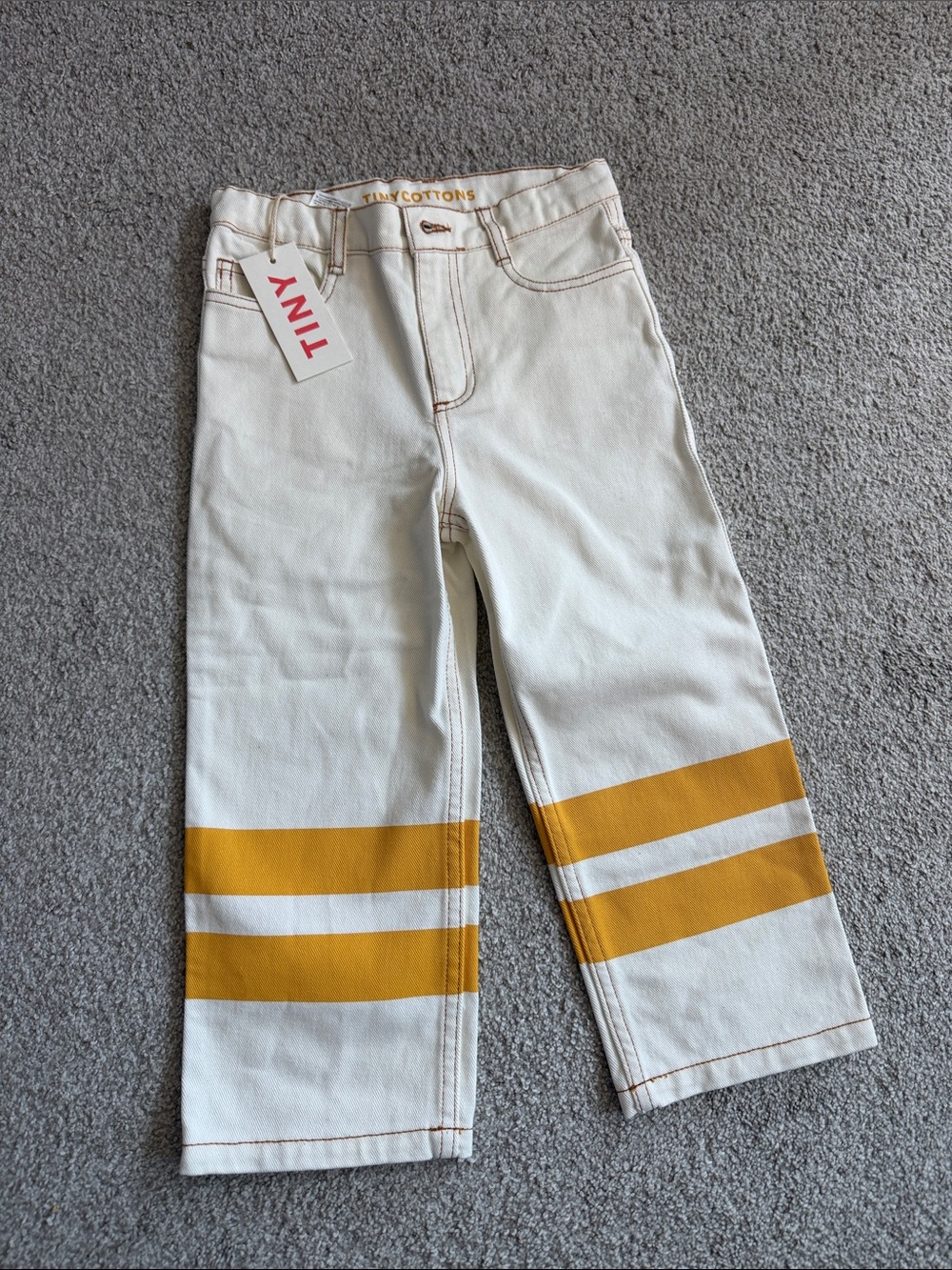 NWT Tiny Cottons White Kids Pants with Mustard Stripes, 6T adjustable waist